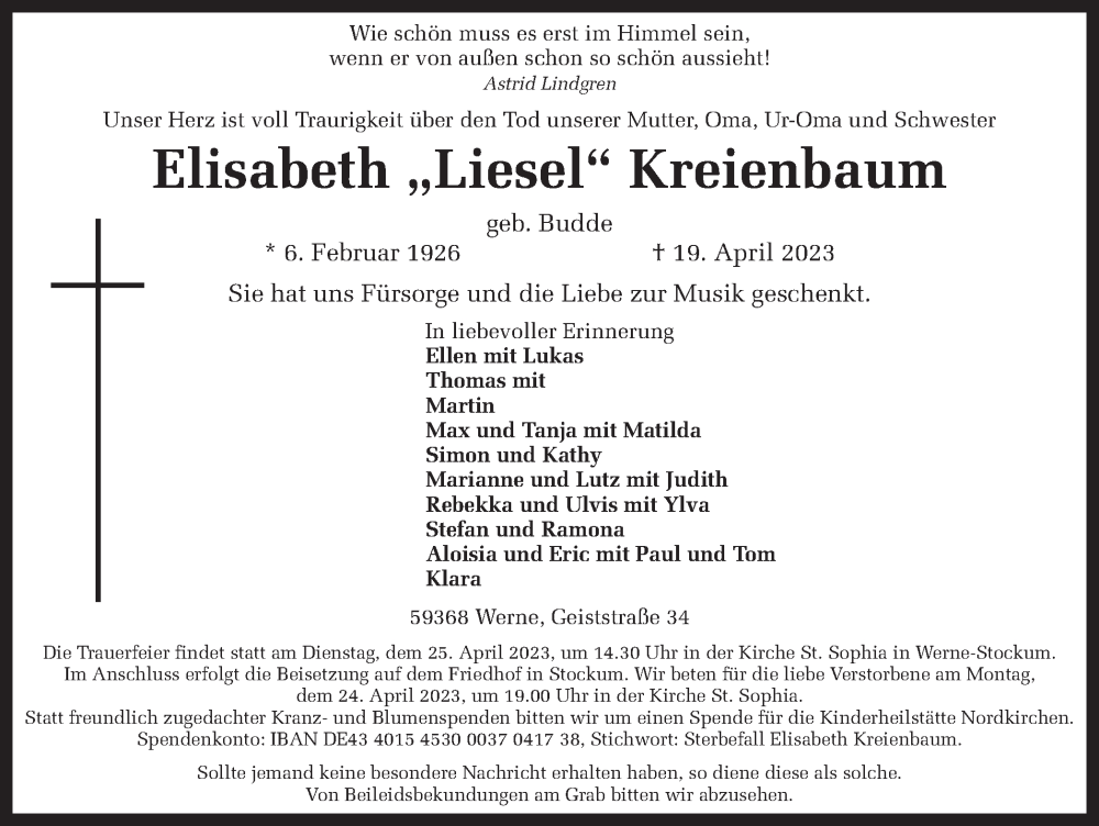  Traueranzeige für Elisabeth Kreienbaum vom 22.04.2023 aus Ruhr Nachrichten
