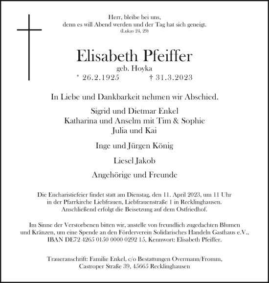 Traueranzeige von Elisabeth Pfeiffer von Medienhaus Bauer