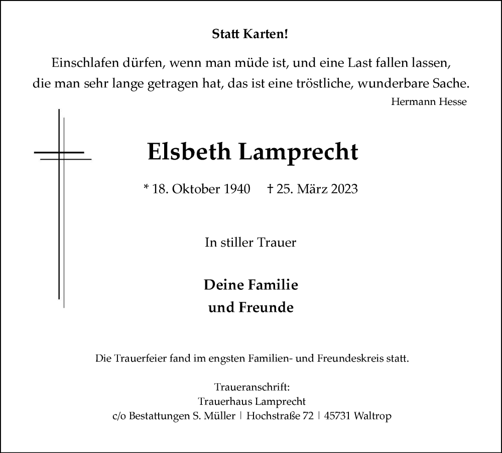  Traueranzeige für Elsbeth Lamprecht vom 01.04.2023 aus Medienhaus Bauer