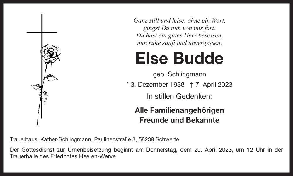  Traueranzeige für Else Budde vom 15.04.2023 aus Hellweger Anzeiger