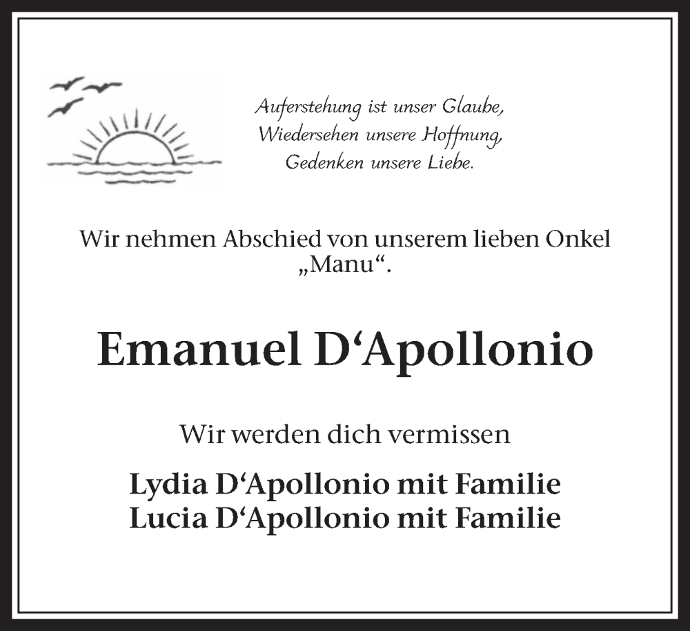  Traueranzeige für Emanuel D‘Apollonio vom 01.04.2023 aus Medienhaus Bauer