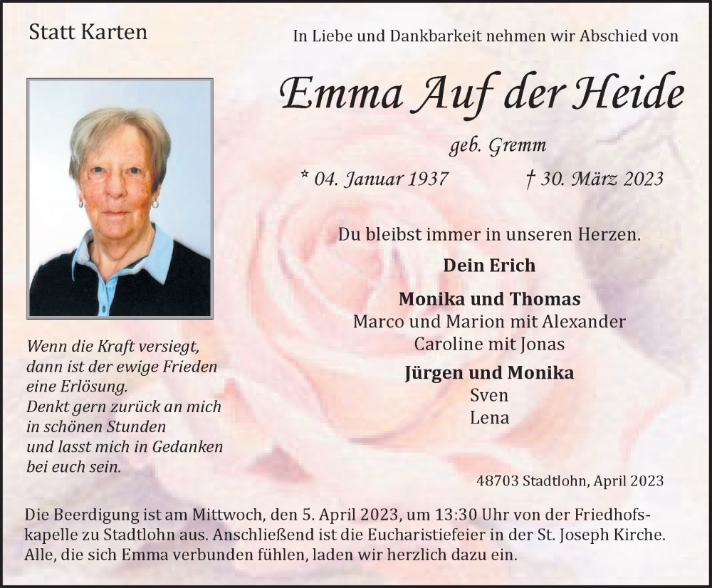  Traueranzeige für Emma Auf der Heide vom 01.04.2023 aus Münstersche Zeitung und Münsterland Zeitung