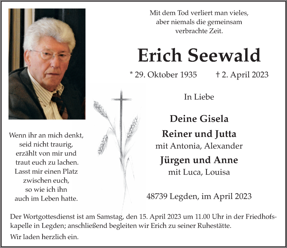  Traueranzeige für Erich Seewald vom 11.04.2023 aus Münstersche Zeitung und Münsterland Zeitung