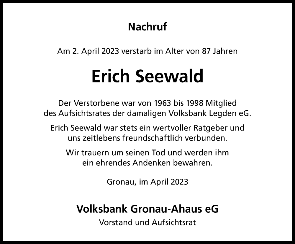  Traueranzeige für Erich Seewald vom 14.04.2023 aus Münstersche Zeitung und Münsterland Zeitung