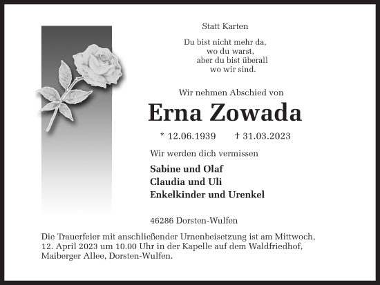 Traueranzeige von Erna Zowada von Ruhr Nachrichten und Dorstener Zeitung