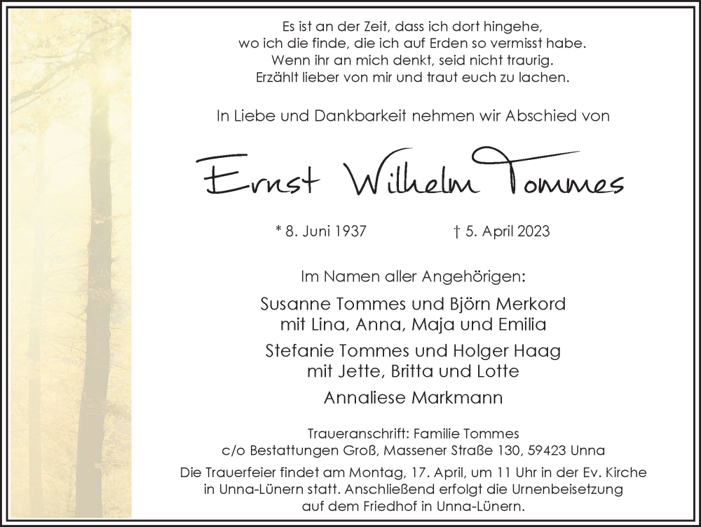  Traueranzeige für Ernst Wilhelm Tommes vom 13.04.2023 aus Hellweger Anzeiger