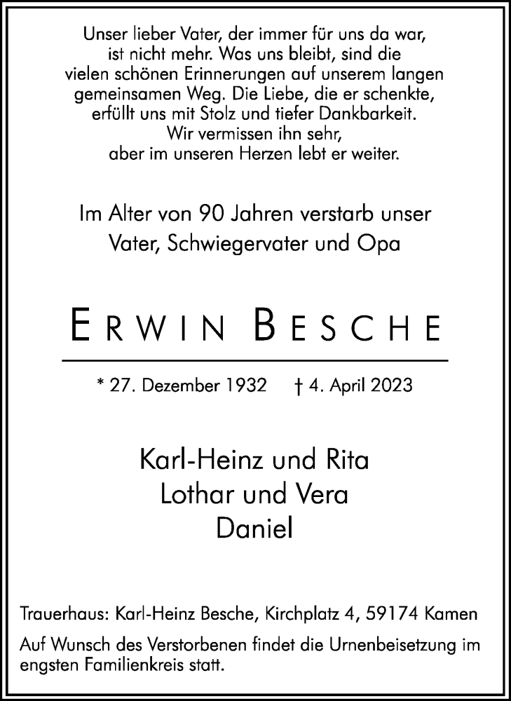  Traueranzeige für Erwin Besche vom 08.04.2023 aus Hellweger Anzeiger