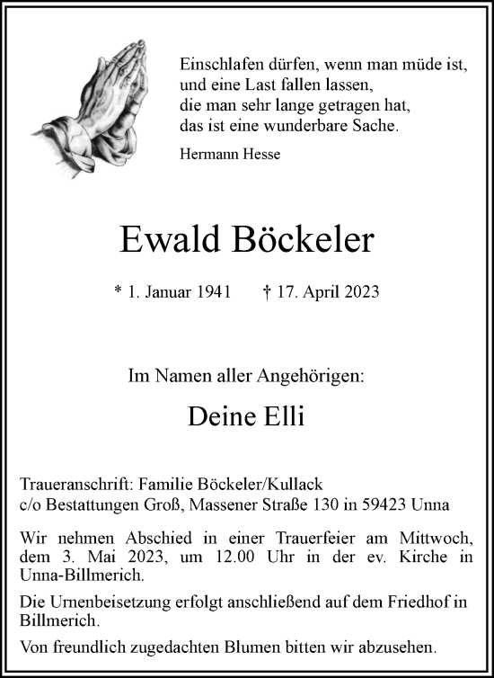 Traueranzeige von Ewald Böckeler