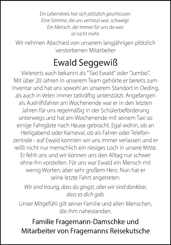 Traueranzeige von Ewald Seggewiß von Münstersche Zeitung und Münsterland Zeitung