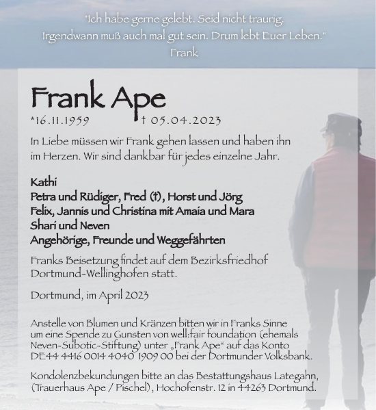 Traueranzeige von Frank Ape 