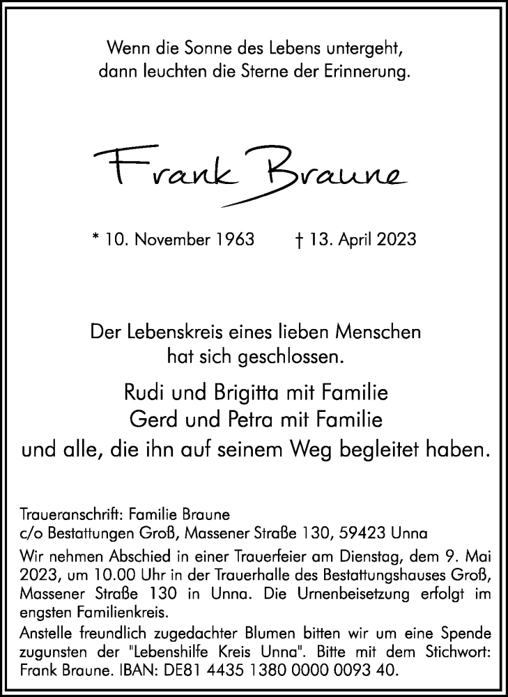  Traueranzeige für Frank Braune vom 22.04.2023 aus Hellweger Anzeiger