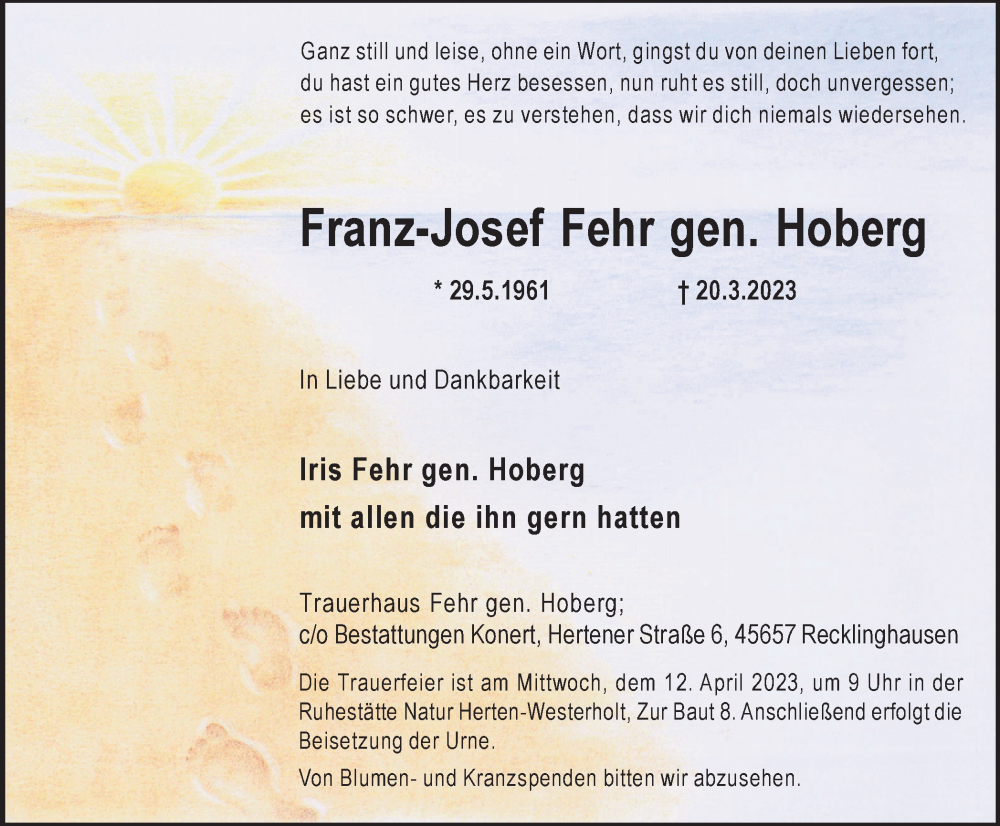  Traueranzeige für Franz-Josef Fehr vom 01.04.2023 aus Medienhaus Bauer