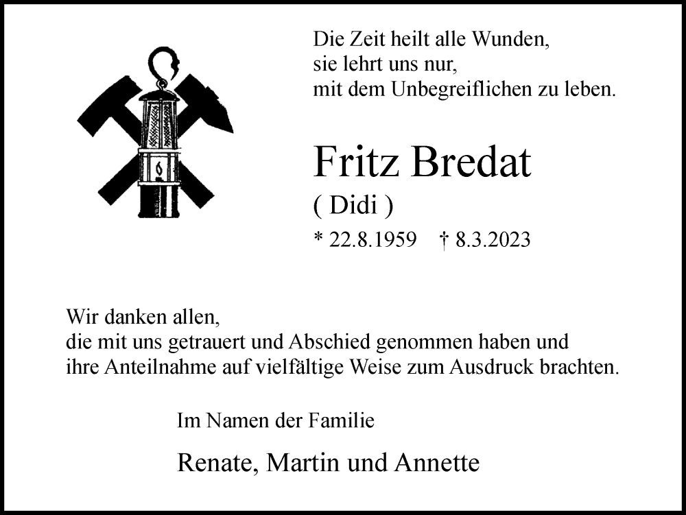  Traueranzeige für Fritz Bredat vom 08.04.2023 aus Medienhaus Bauer