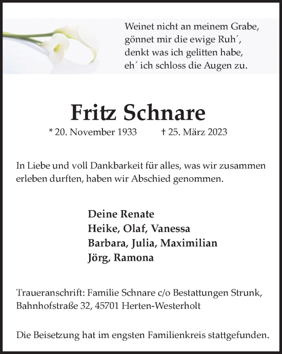 Traueranzeige von Fritz Schnare von Medienhaus Bauer