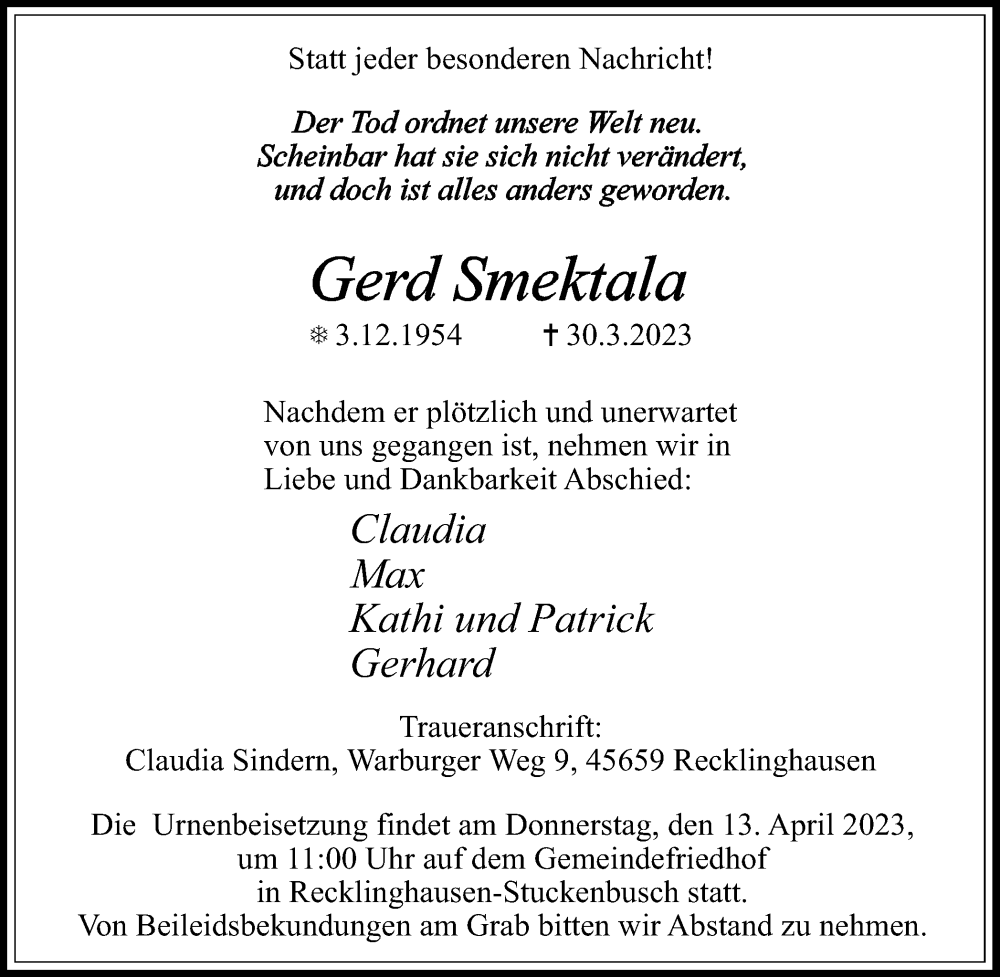  Traueranzeige für Gerd Smektala vom 08.04.2023 aus Medienhaus Bauer