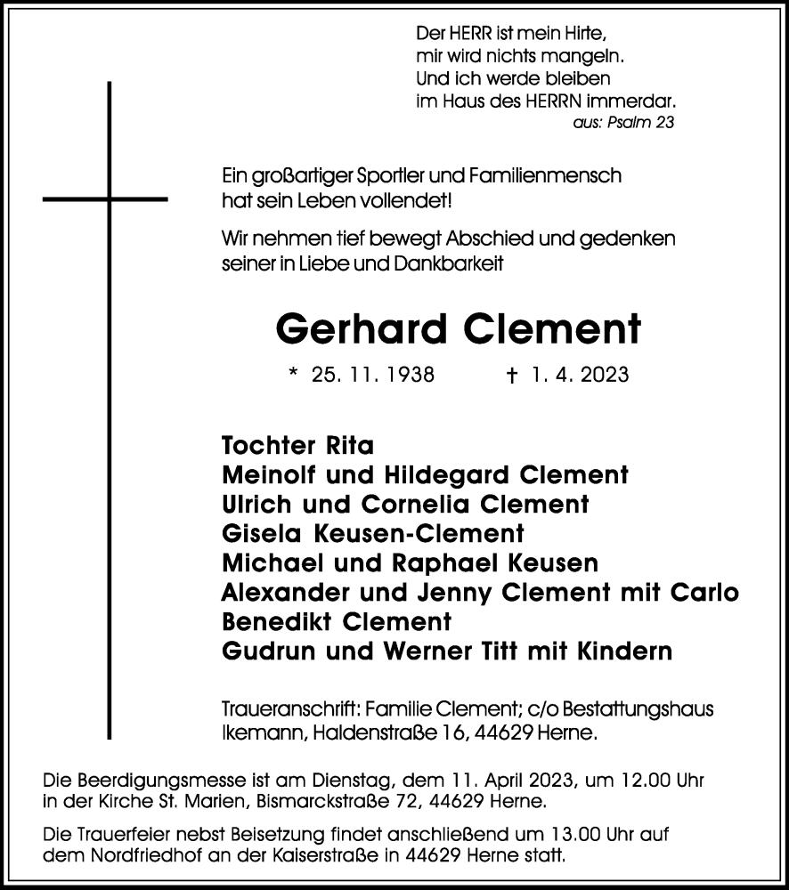  Traueranzeige für Gerhard Clement vom 06.04.2023 aus Medienhaus Bauer