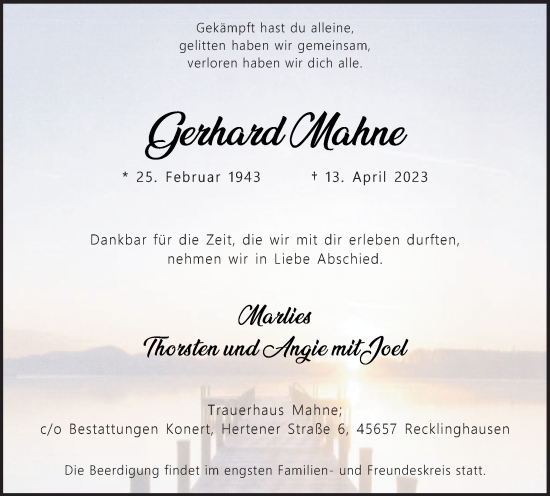 Traueranzeige von Gerhard Mahne von Medienhaus Bauer