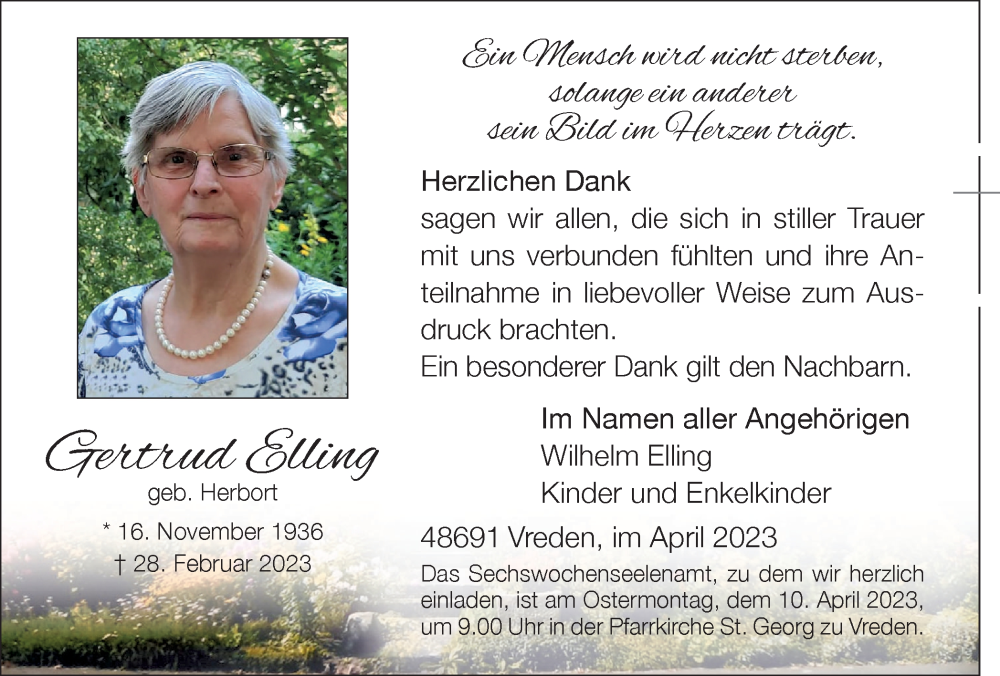  Traueranzeige für Gertrud Elling vom 05.04.2023 aus Münstersche Zeitung und Münsterland Zeitung