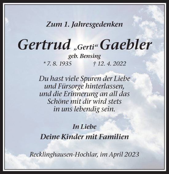 Traueranzeige von Gertrud  Gaebler von Medienhaus Bauer