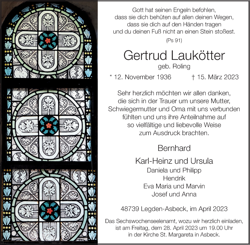  Traueranzeige für Gertrud Laukötter vom 22.04.2023 aus Münstersche Zeitung und Münsterland Zeitung