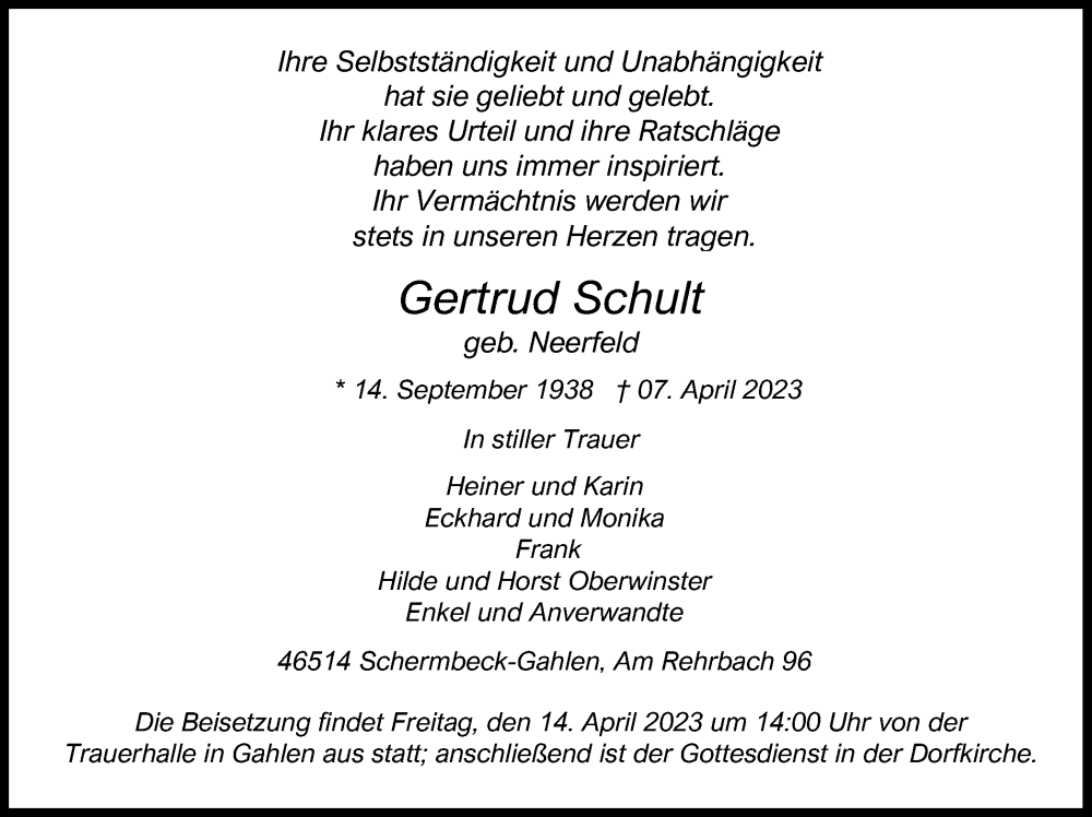  Traueranzeige für Gertrud Schult vom 12.04.2023 aus Ruhr Nachrichten und Dorstener Zeitung