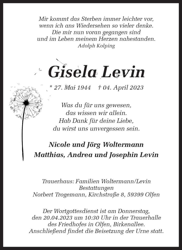  Traueranzeige für Gisela Levin vom 12.04.2023 aus Ruhr Nachrichten