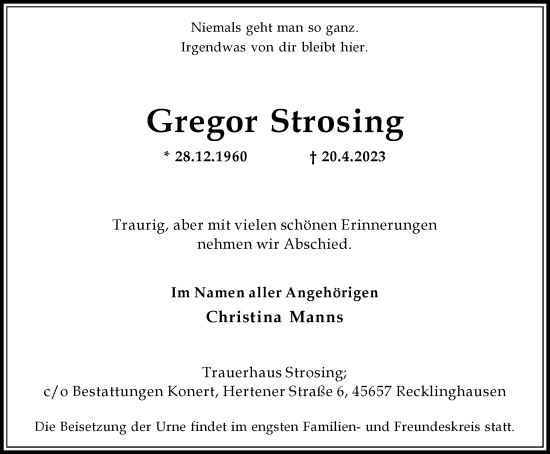 Traueranzeige von Gregor Strosing von Medienhaus Bauer