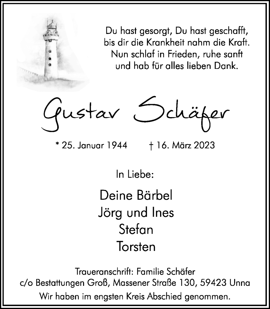  Traueranzeige für Gustav Schäfer vom 01.04.2023 aus Hellweger Anzeiger