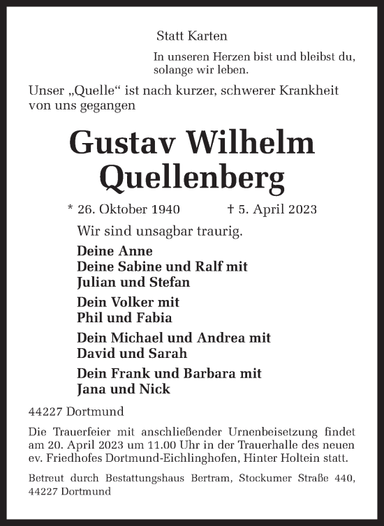 Traueranzeige von Gustav Wilhelm Quellenberg 