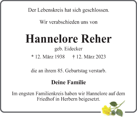 Traueranzeige von Hannelore Reher von Ruhr Nachrichten