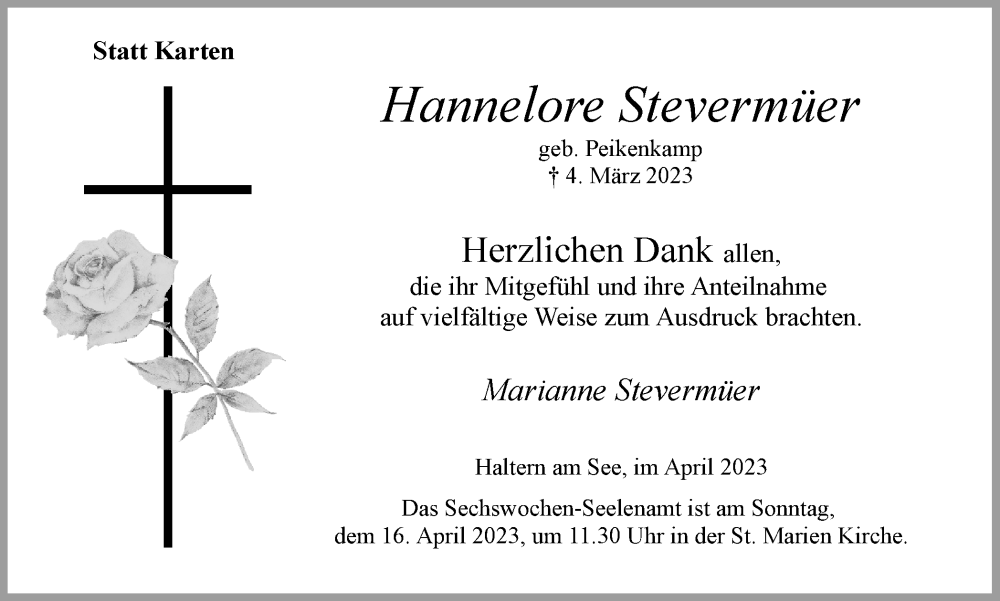  Traueranzeige für Hannelore Stevermüer vom 12.04.2023 aus Ruhr Nachrichten und Halterner Zeitung