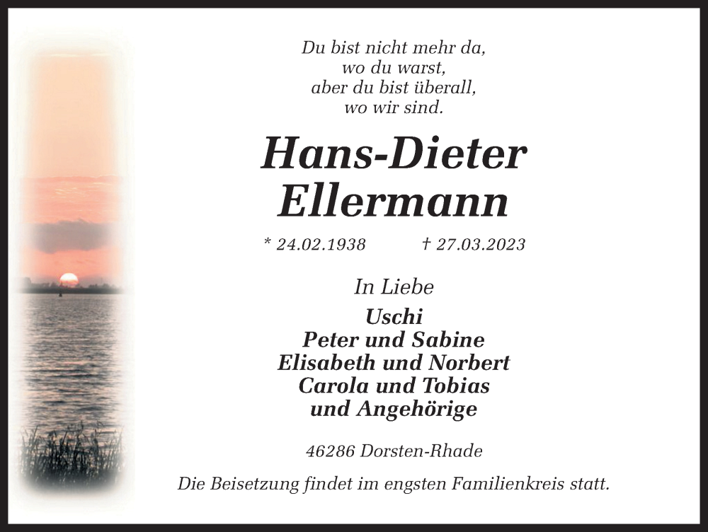  Traueranzeige für Hans-Dieter Ellermann vom 05.04.2023 aus Ruhr Nachrichten und Dorstener Zeitung