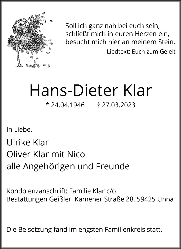  Traueranzeige für Hans-Dieter Klar vom 15.04.2023 aus Hellweger Anzeiger
