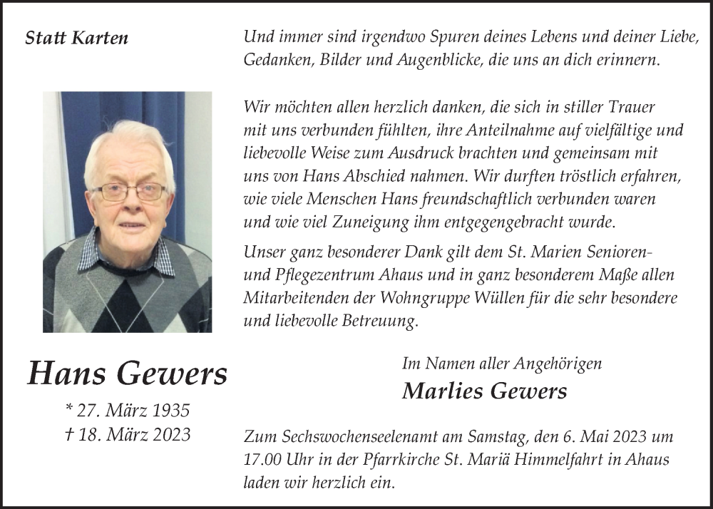  Traueranzeige für Hans Gewers vom 29.04.2023 aus Münstersche Zeitung und Münsterland Zeitung