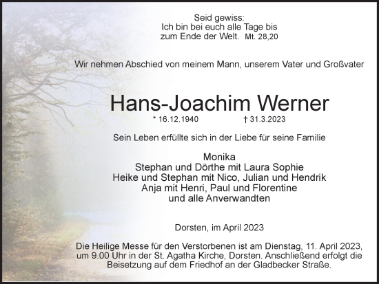 Traueranzeige von Hans-Joachim Werner von Ruhr Nachrichten und Dorstener Zeitung