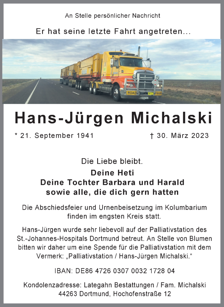  Traueranzeige für Hans-Jürgen Michalski vom 08.04.2023 aus 