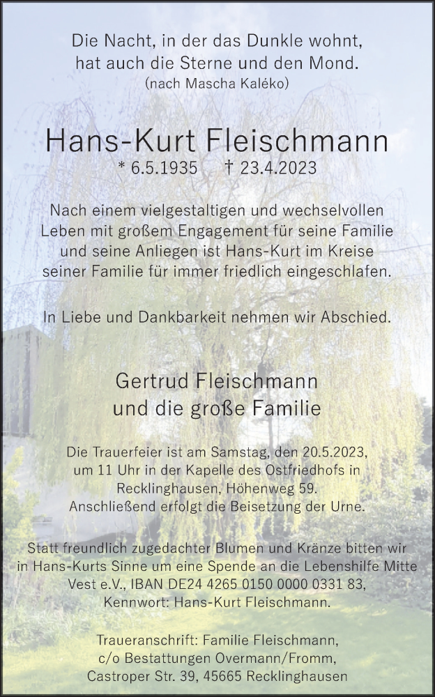  Traueranzeige für Hans-Kurt Fleischmann vom 29.04.2023 aus Medienhaus Bauer