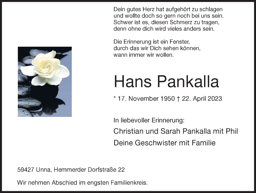  Traueranzeige für Hans Pankalla vom 25.04.2023 aus Hellweger Anzeiger