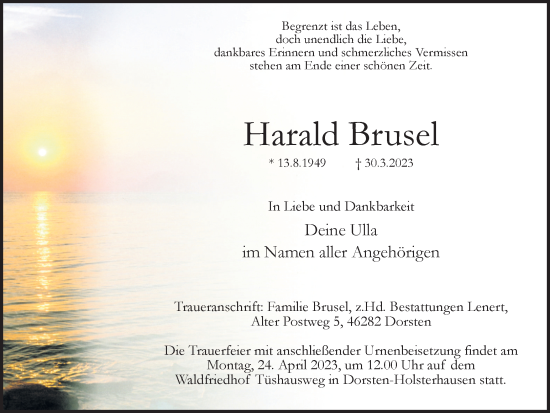 Traueranzeige von Harald Brusel von Ruhr Nachrichten und Dorstener Zeitung