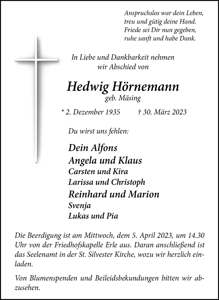  Traueranzeige für Hedwig Hörnemann vom 01.04.2023 aus Ruhr Nachrichten und Dorstener Zeitung