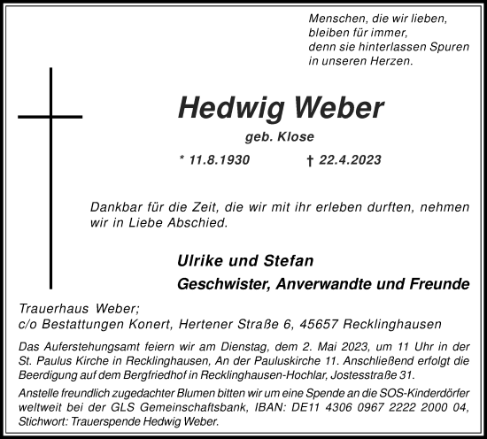 Traueranzeige von Hedwig Weber von Medienhaus Bauer
