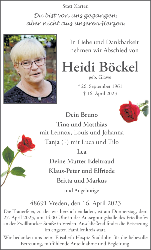  Traueranzeige für Heidi Böckel vom 21.04.2023 aus Münstersche Zeitung und Münsterland Zeitung