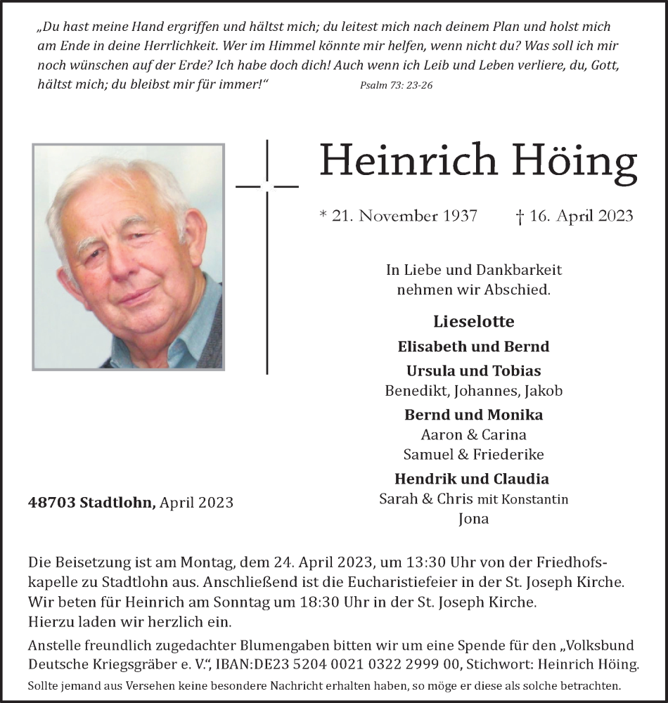  Traueranzeige für Heinrich Höing vom 20.04.2023 aus Münstersche Zeitung und Münsterland Zeitung
