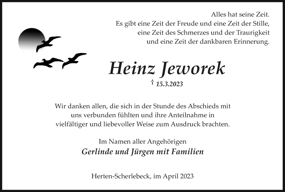  Traueranzeige für Heinz Jeworek vom 22.04.2023 aus Medienhaus Bauer