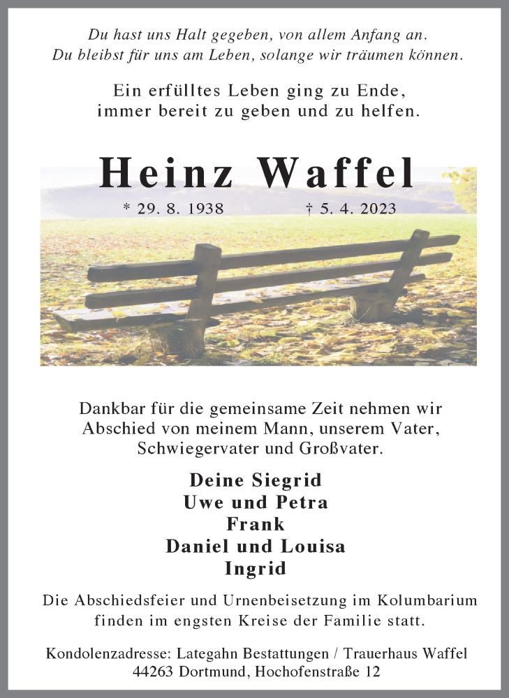  Traueranzeige für Heinz Waffel vom 15.04.2023 aus 