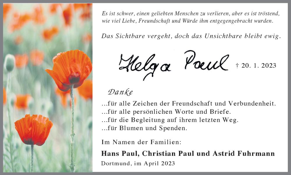  Traueranzeige für Helga Paul vom 08.04.2023 aus 