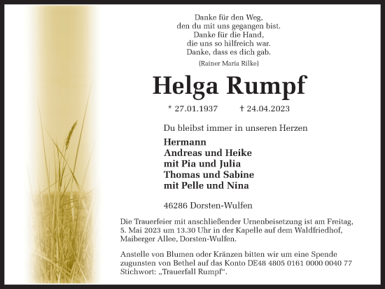 Traueranzeige von Helga Rumpf von Ruhr Nachrichten und Dorstener Zeitung