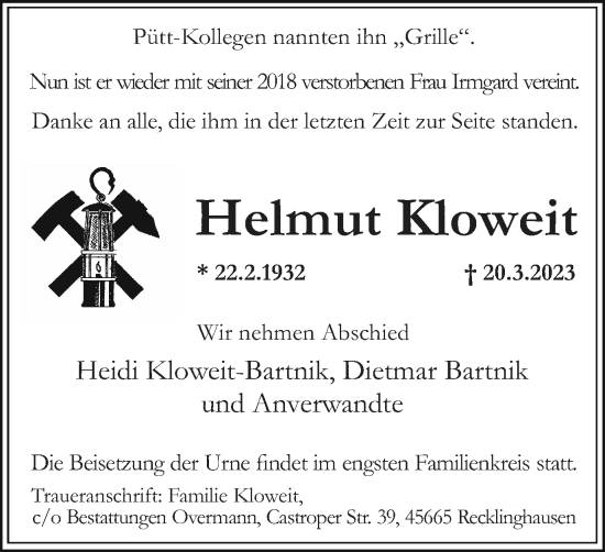 Traueranzeige von Helmut Kloweit von Medienhaus Bauer