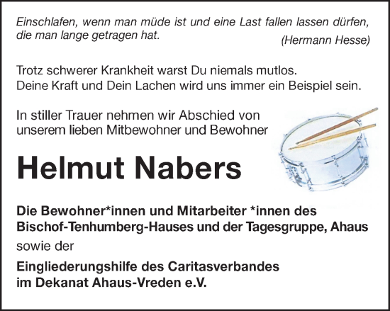Traueranzeige von Helmut Nabers von Münstersche Zeitung und Münsterland Zeitung