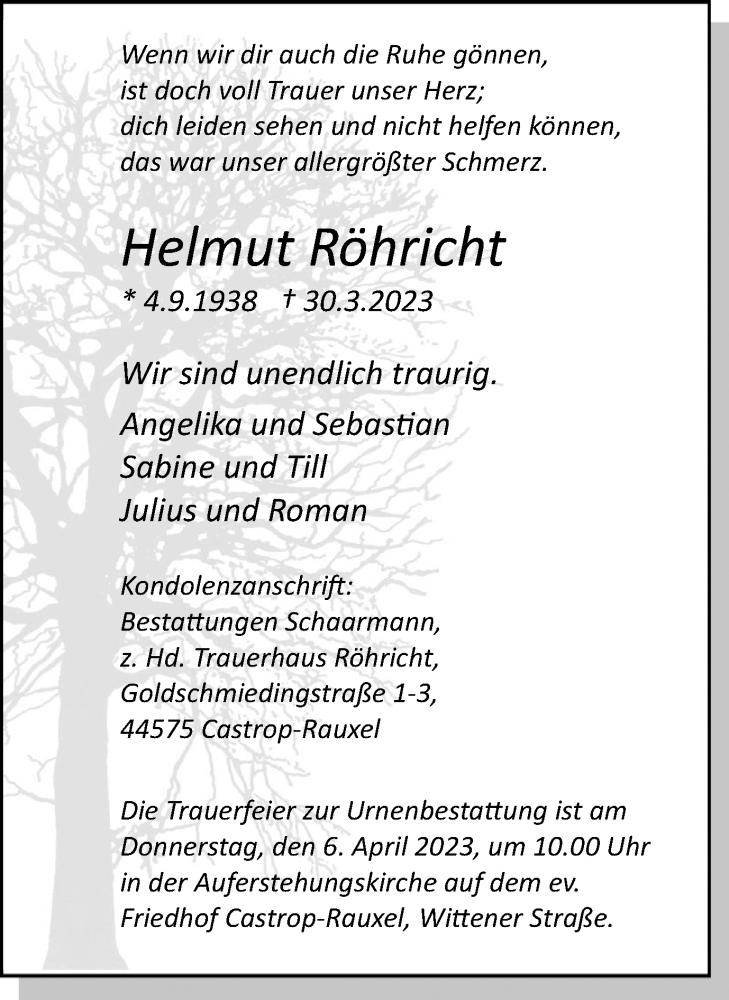  Traueranzeige für Helmut Röhricht vom 01.04.2023 aus Ruhr Nachrichten